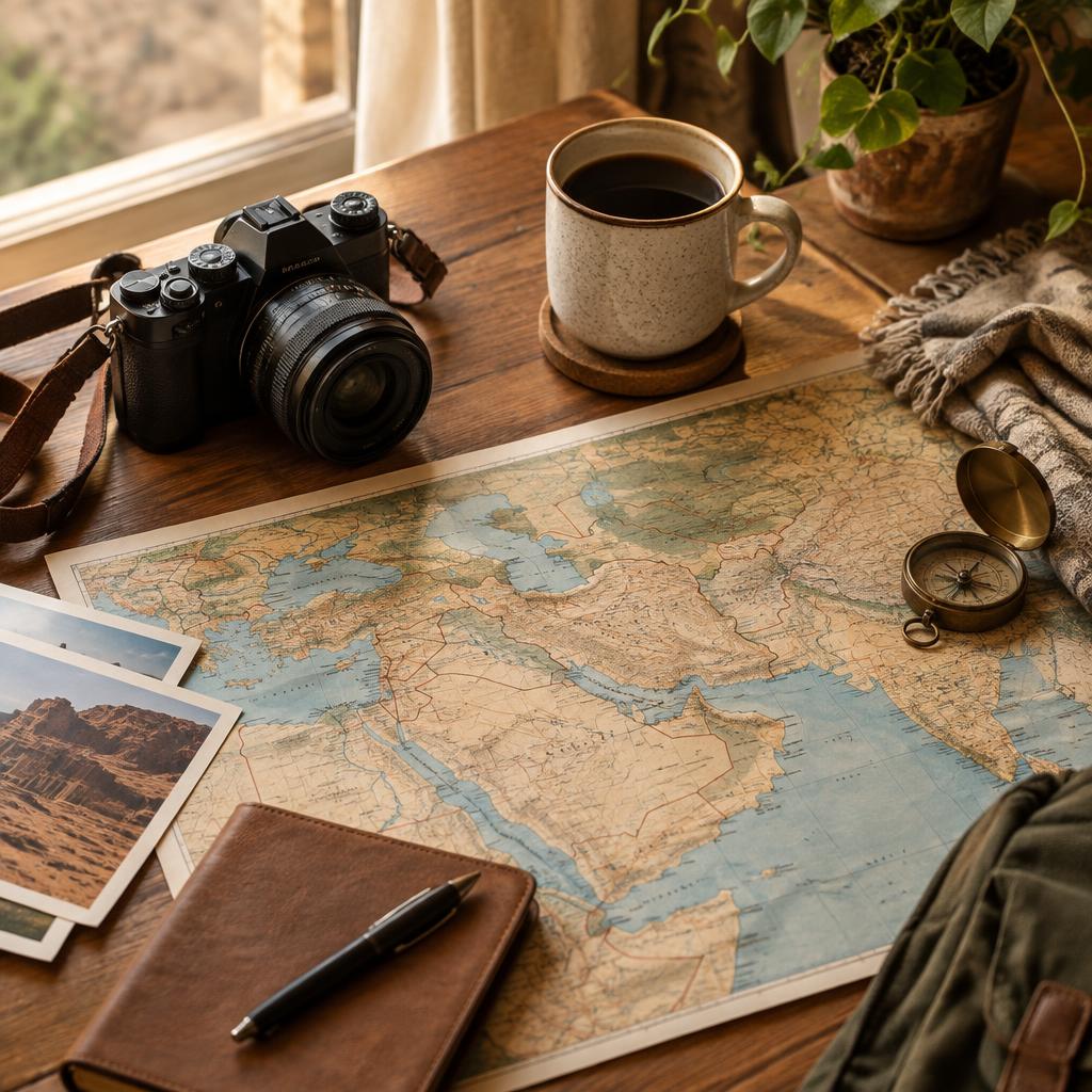 Travel journal, camera and map on a wooden desk